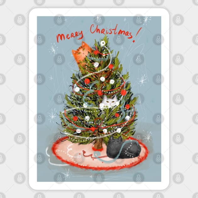 Merry Christmas greeting winter card with cute fluffy cats in red Santa hats and scarves. Magnet by Olena Tyshchenko